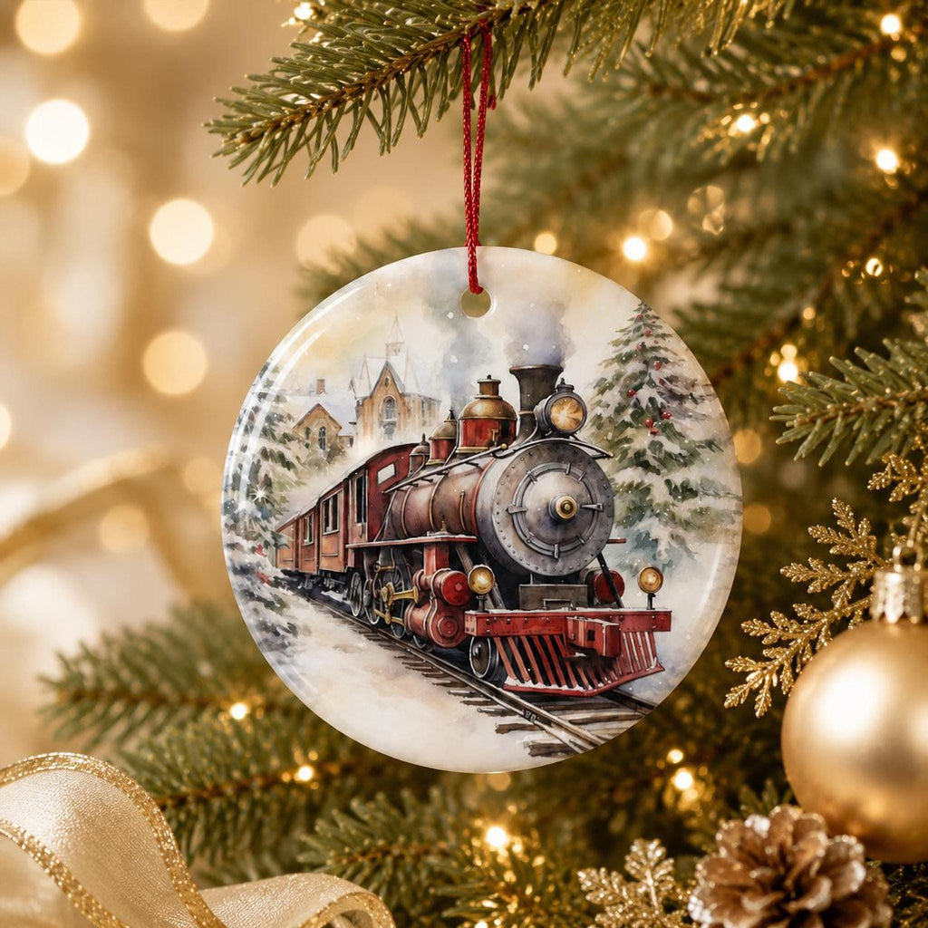 Christmas Train Ornament, Glossy Ceramic Keepsake with Vintage Steam Engine