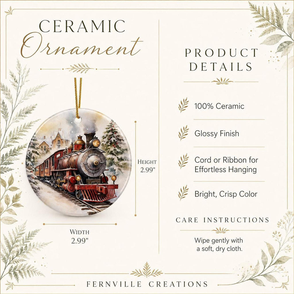 Christmas Train Ornament, Glossy Ceramic Keepsake with Vintage Steam Engine