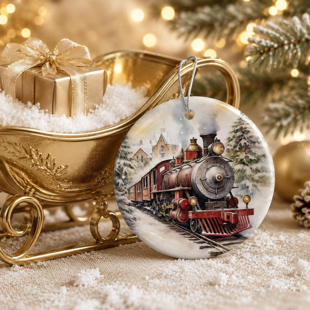 Christmas Train Ornament, Glossy Ceramic Keepsake with Vintage Steam Engine