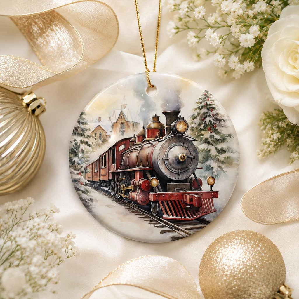 Christmas Train Ornament, Glossy Ceramic Keepsake with Vintage Steam Engine