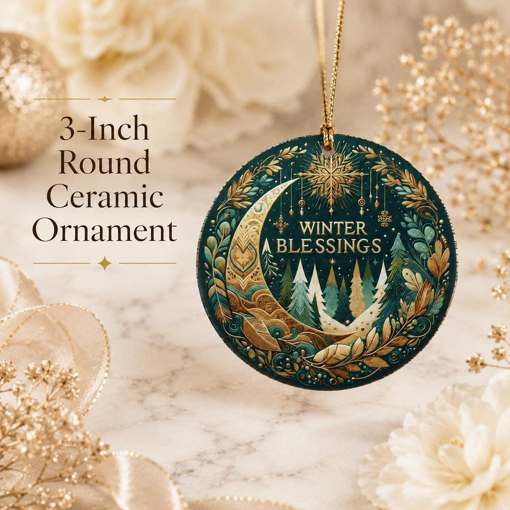 Ceramic Ornament, 3-Inch Round Winter Blessings Moon Forest Design