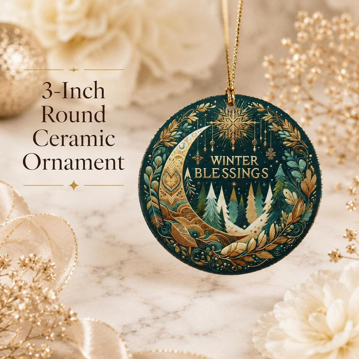 Ceramic Ornament, 3-Inch Round Winter Blessings Moon Forest Design