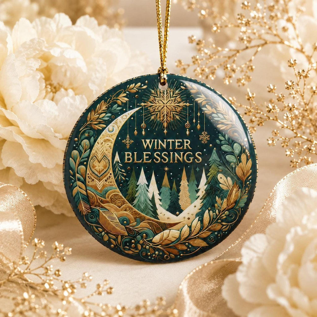 Ceramic Ornament, 3-Inch Round Winter Blessings Moon Forest Design