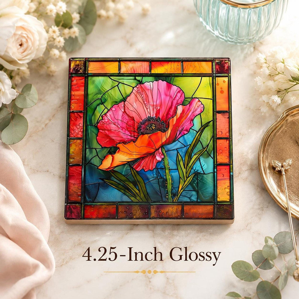 Poppy Flower Gift Ceramic Coaster, 4.25-Inch Stained-Glass Style Decor