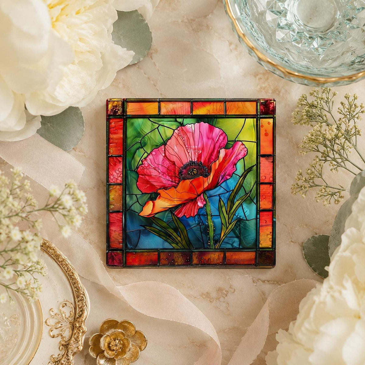 Poppy Flower Gift Ceramic Coaster, 4.25-Inch Stained-Glass Style Decor