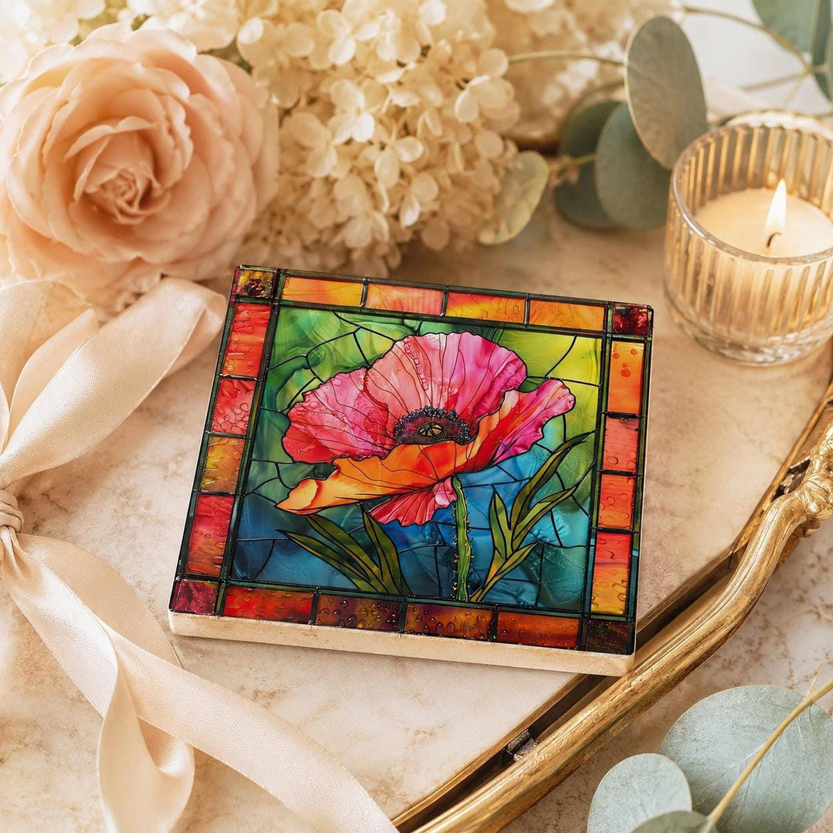 Poppy Flower Gift Ceramic Coaster, 4.25-Inch Stained-Glass Style Decor