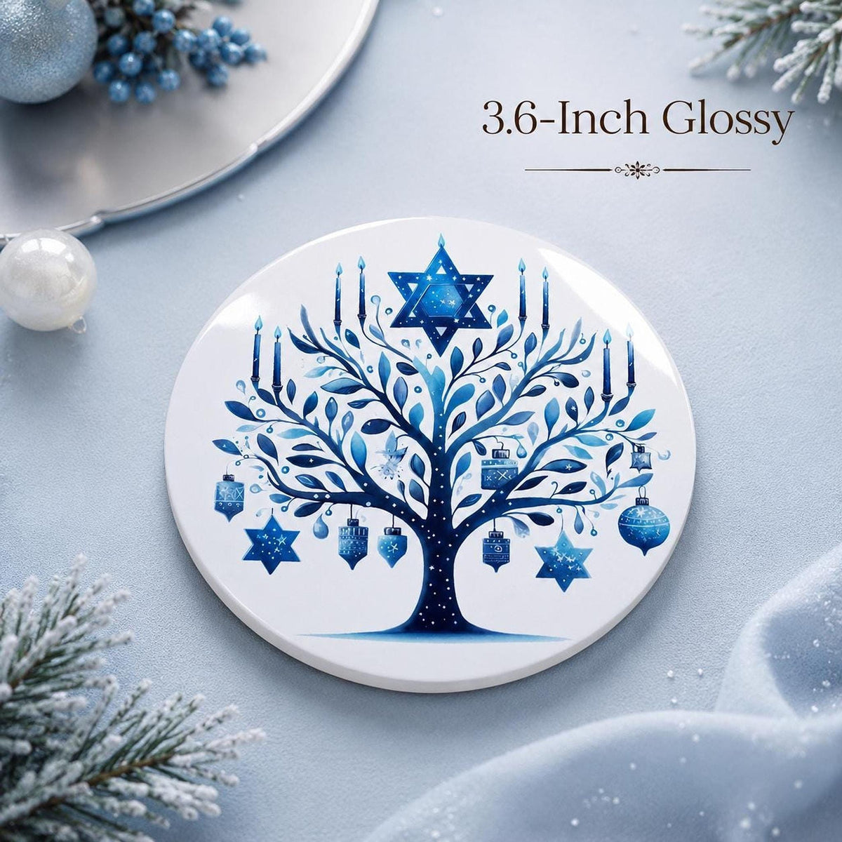 Hanukkah Coaster, Blue Ceramic Star Of David Decor, Glossy Or Matte Finish