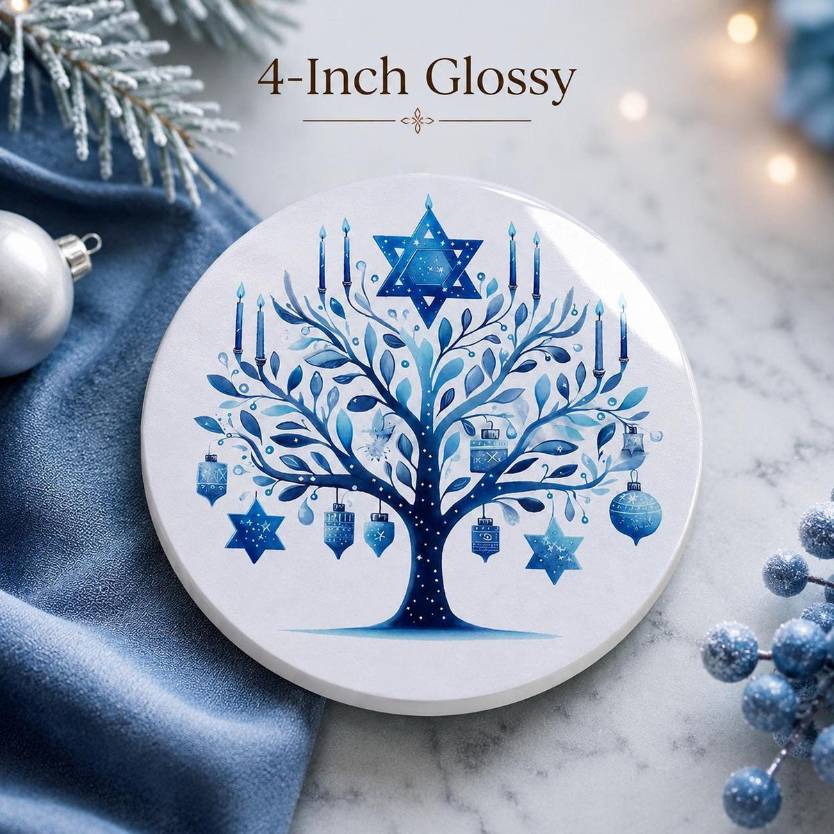 Hanukkah Coaster, Blue Ceramic Star Of David Decor, Glossy Or Matte Finish