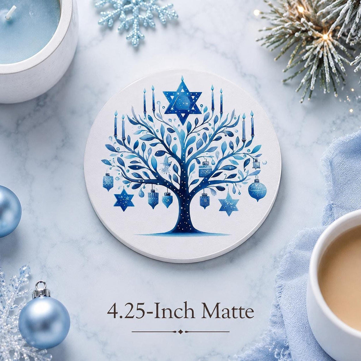 Hanukkah Coaster, Blue Ceramic Star Of David Decor, Glossy Or Matte Finish