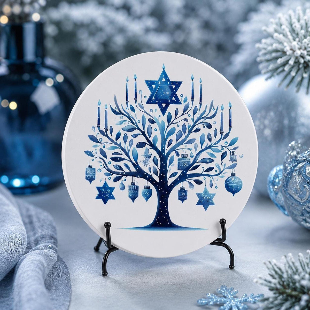 Hanukkah Coaster, Blue Ceramic Star Of David Decor, Glossy Or Matte Finish