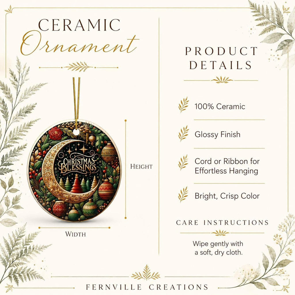 Ceramic Ornament, 3-Inch Round Christmas Blessings Moon Design Keepsake