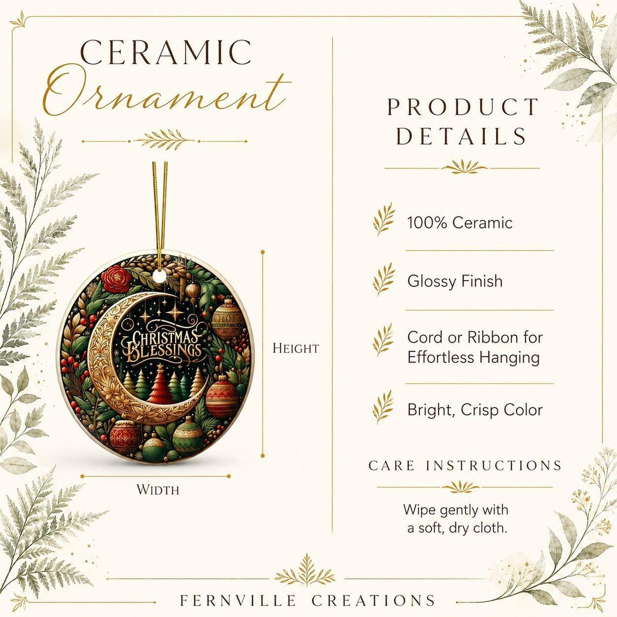 Ceramic Ornament, 3-Inch Round Christmas Blessings Moon Design Keepsake