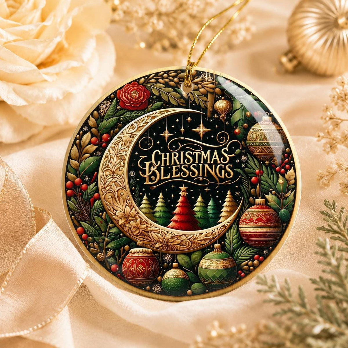 Ceramic Ornament, 3-Inch Round Christmas Blessings Moon Design Keepsake