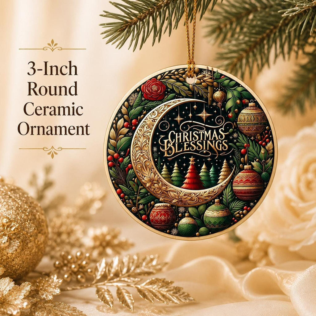 Ceramic Ornament, 3-Inch Round Christmas Blessings Moon Design Keepsake