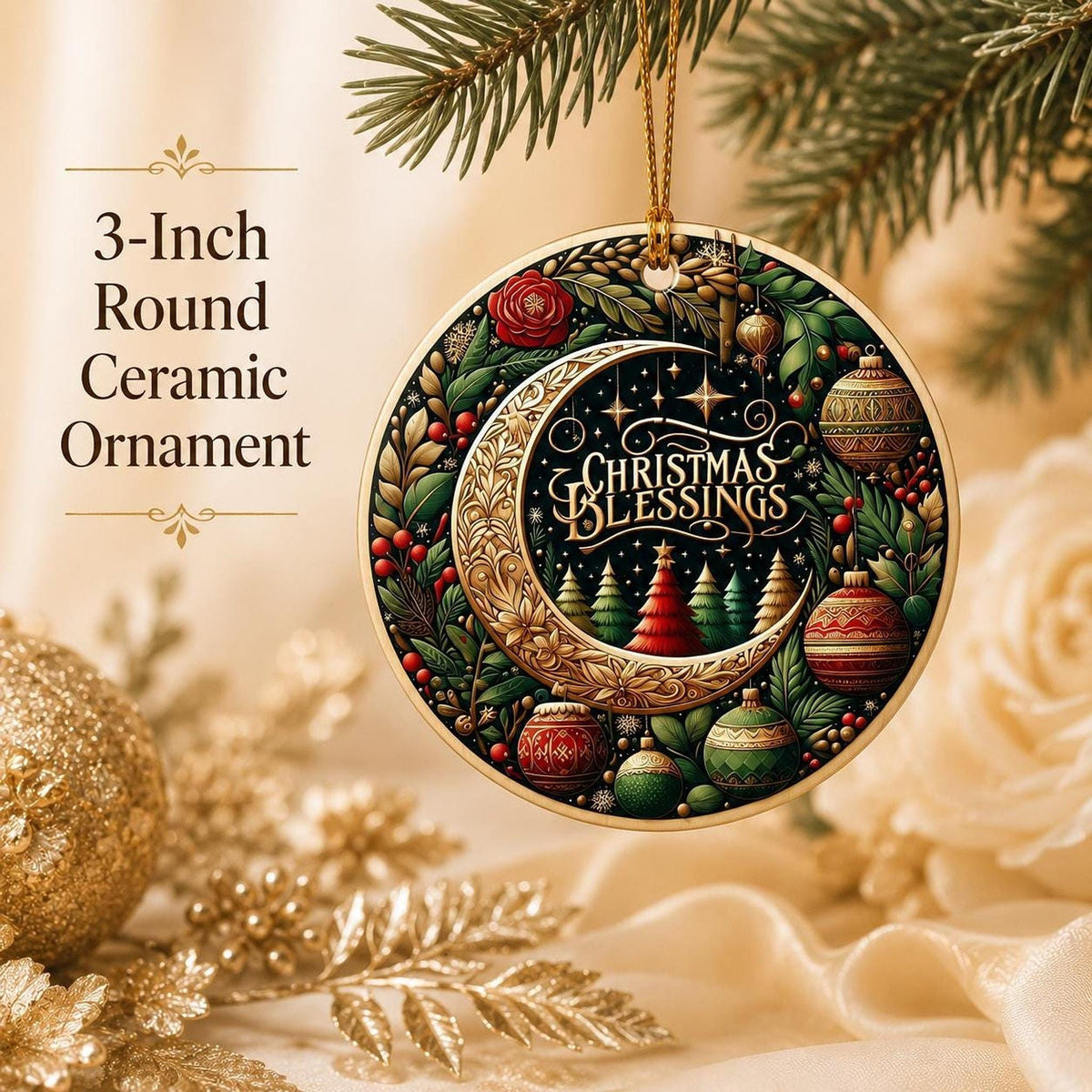 Ceramic Ornament, 3-Inch Round Christmas Blessings Moon Design Keepsake