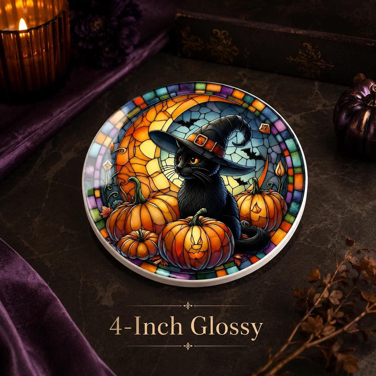 Halloween Coaster, Ceramic Black Cat with Pumpkin Design, Witch Hat