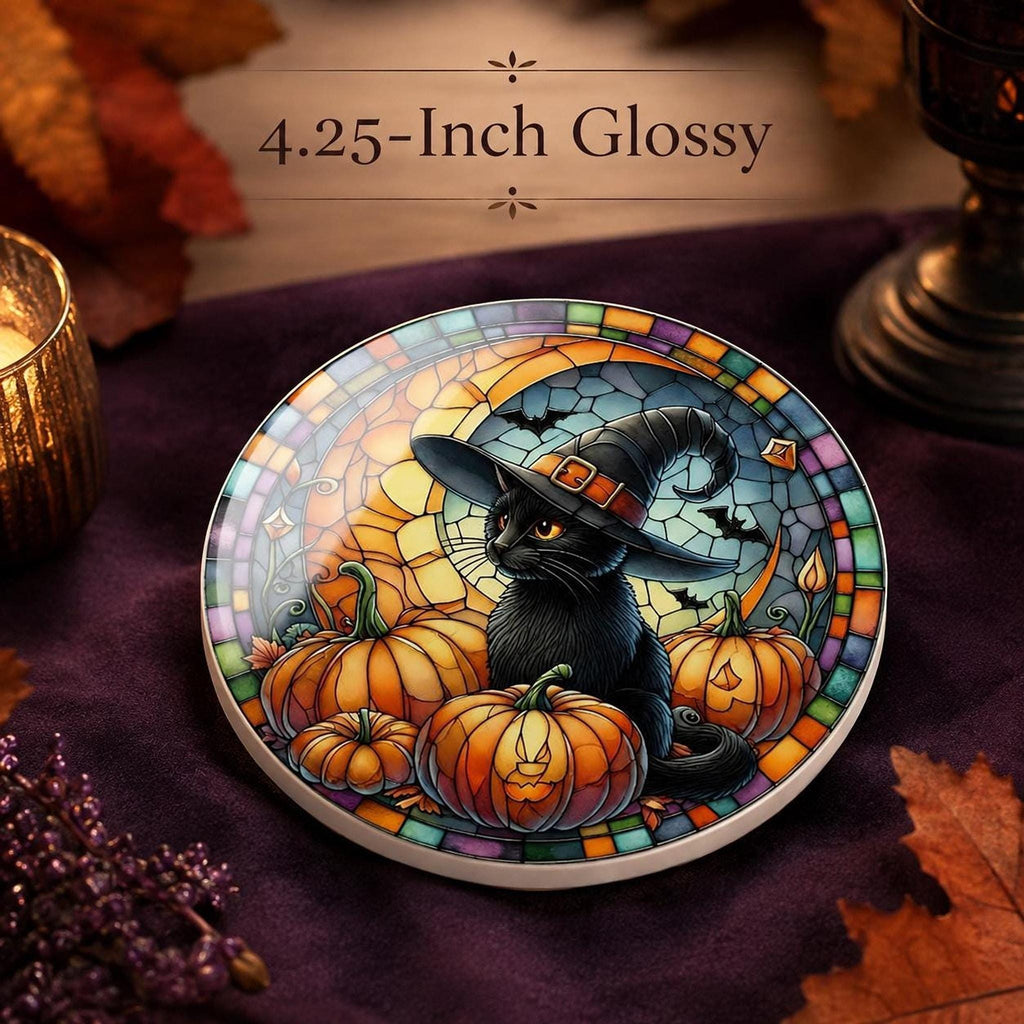 Halloween Coaster, Ceramic Black Cat with Pumpkin Design, Witch Hat