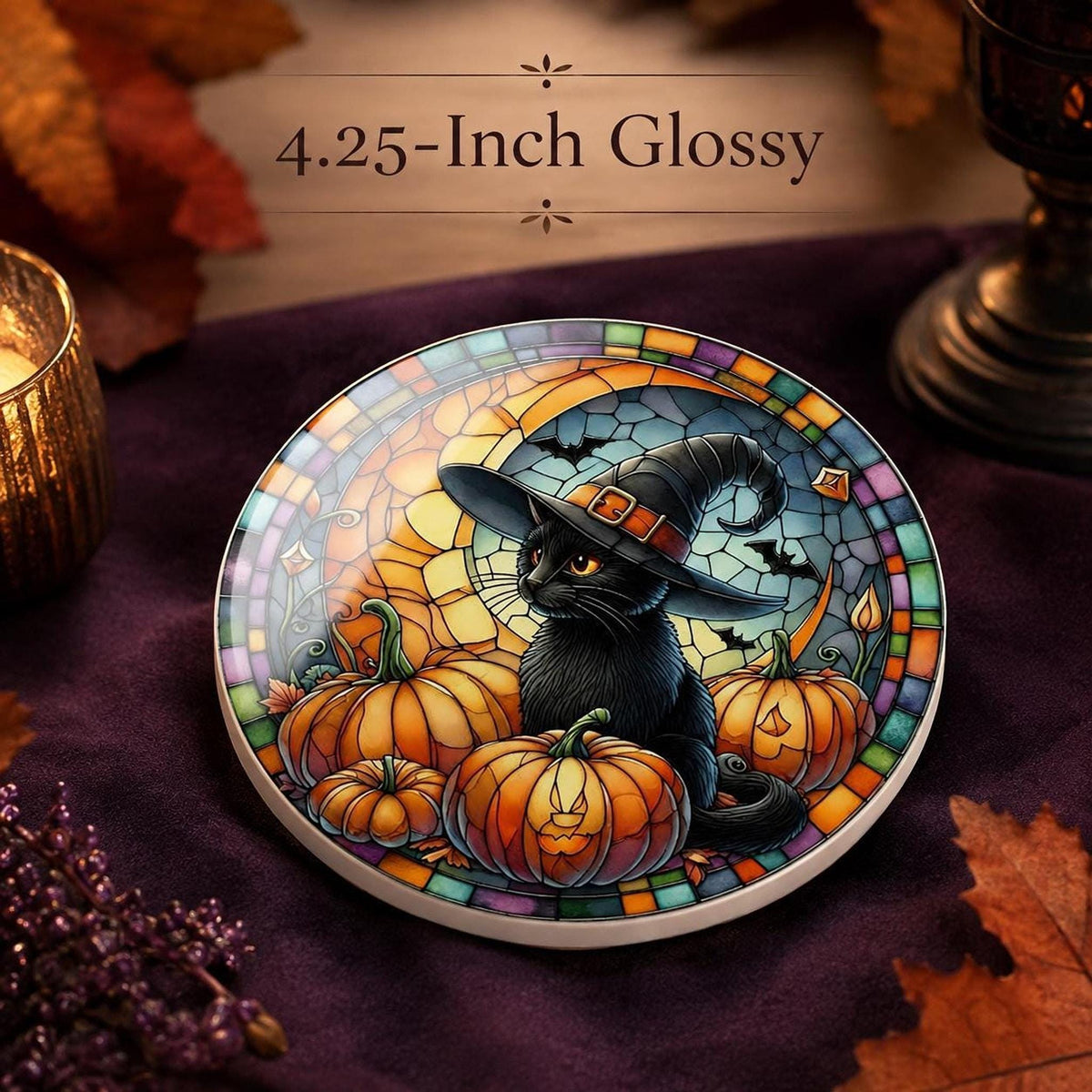 Halloween Coaster, Ceramic Black Cat with Pumpkin Design, Witch Hat