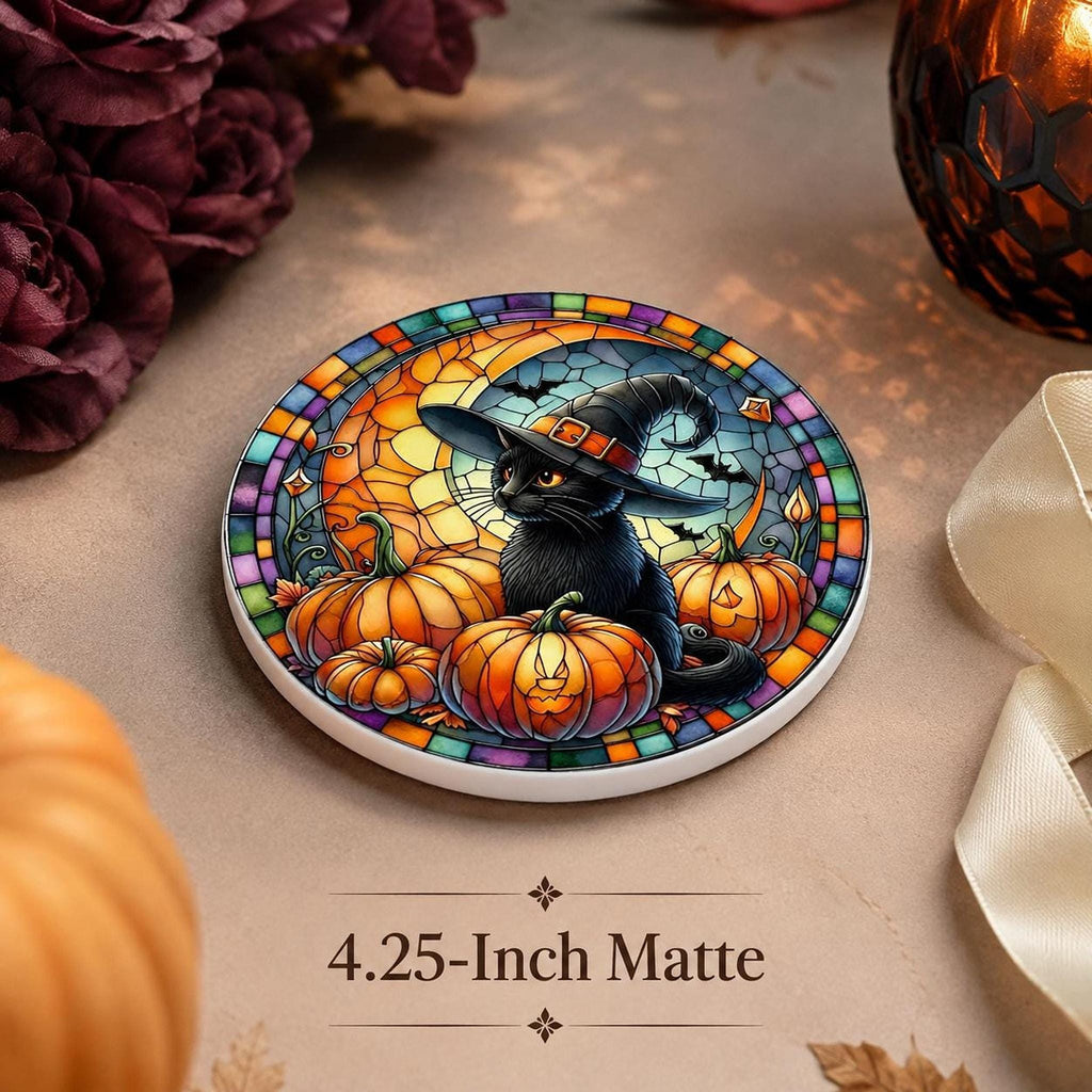 Halloween Coaster, Ceramic Black Cat with Pumpkin Design, Witch Hat