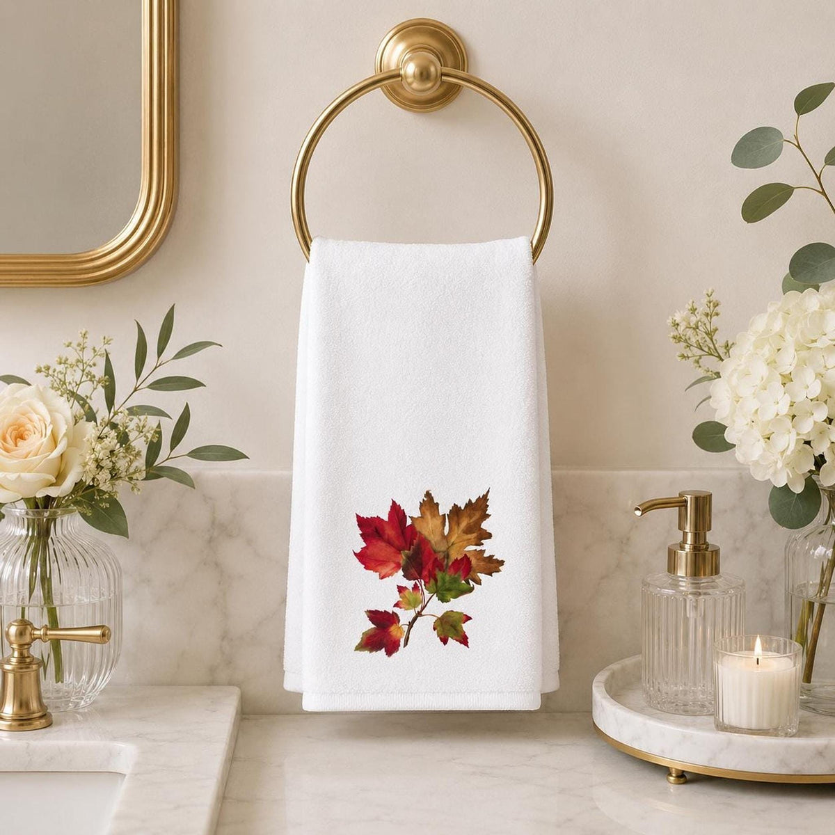Autumn Hand Towel with Maple Leaf Design, Cozy Guest Bath