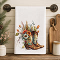 Farmhouse Towel, White Waffle-Weave Kitchen Textile with Floral Cowboy Boots