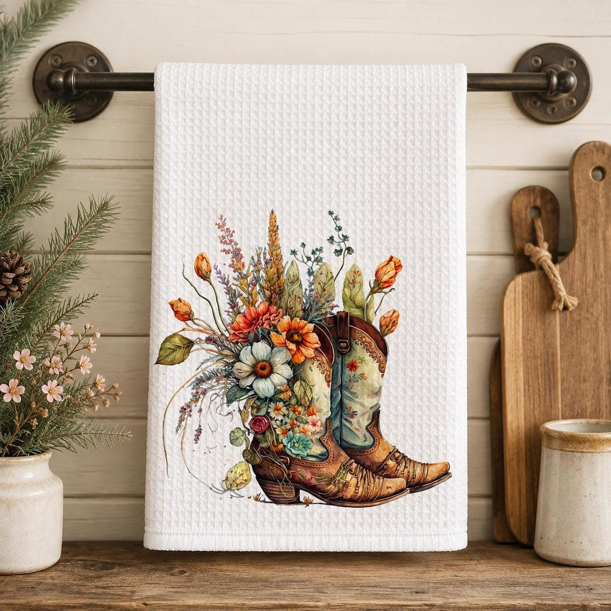 Farmhouse Towel, White Waffle-Weave Kitchen Textile with Floral Cowboy Boots
