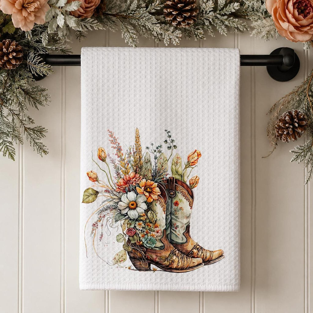 Farmhouse Towel, White Waffle-Weave Kitchen Textile with Floral Cowboy Boots