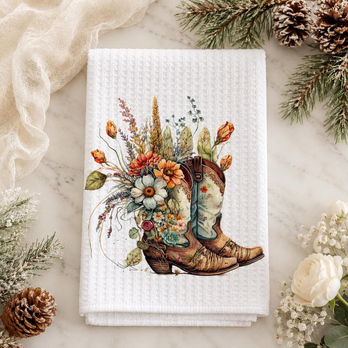 Farmhouse Towel, White Waffle-Weave Kitchen Textile with Floral Cowboy Boots