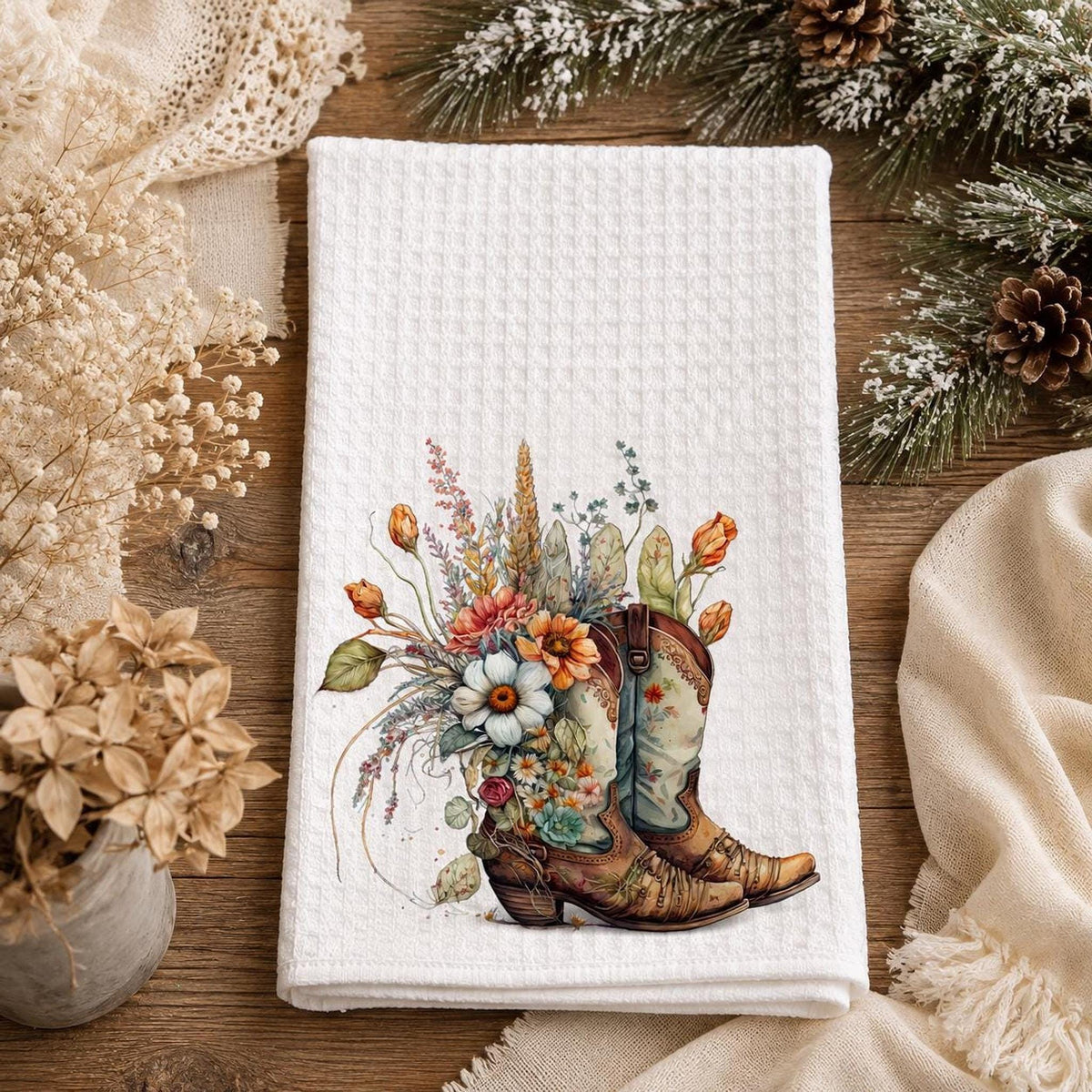 Farmhouse Towel, White Waffle-Weave Kitchen Textile with Floral Cowboy Boots