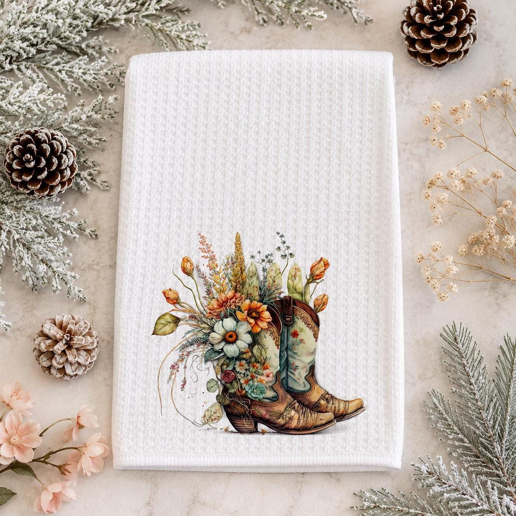 Farmhouse Towel, White Waffle-Weave Kitchen Textile with Floral Cowboy Boots
