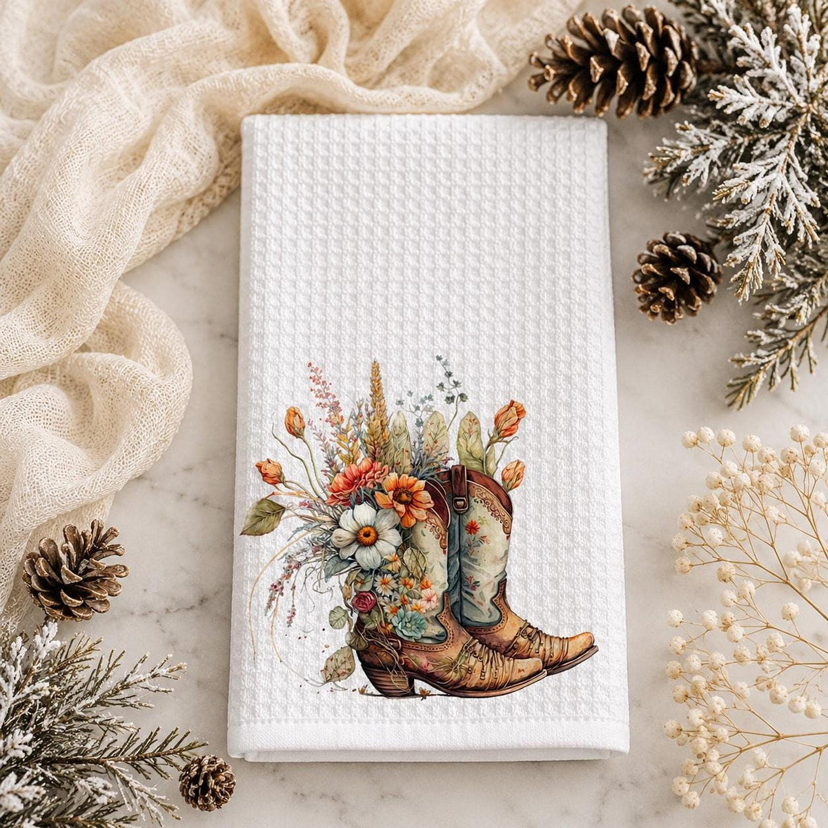 Farmhouse Towel, White Waffle-Weave Kitchen Textile with Floral Cowboy Boots