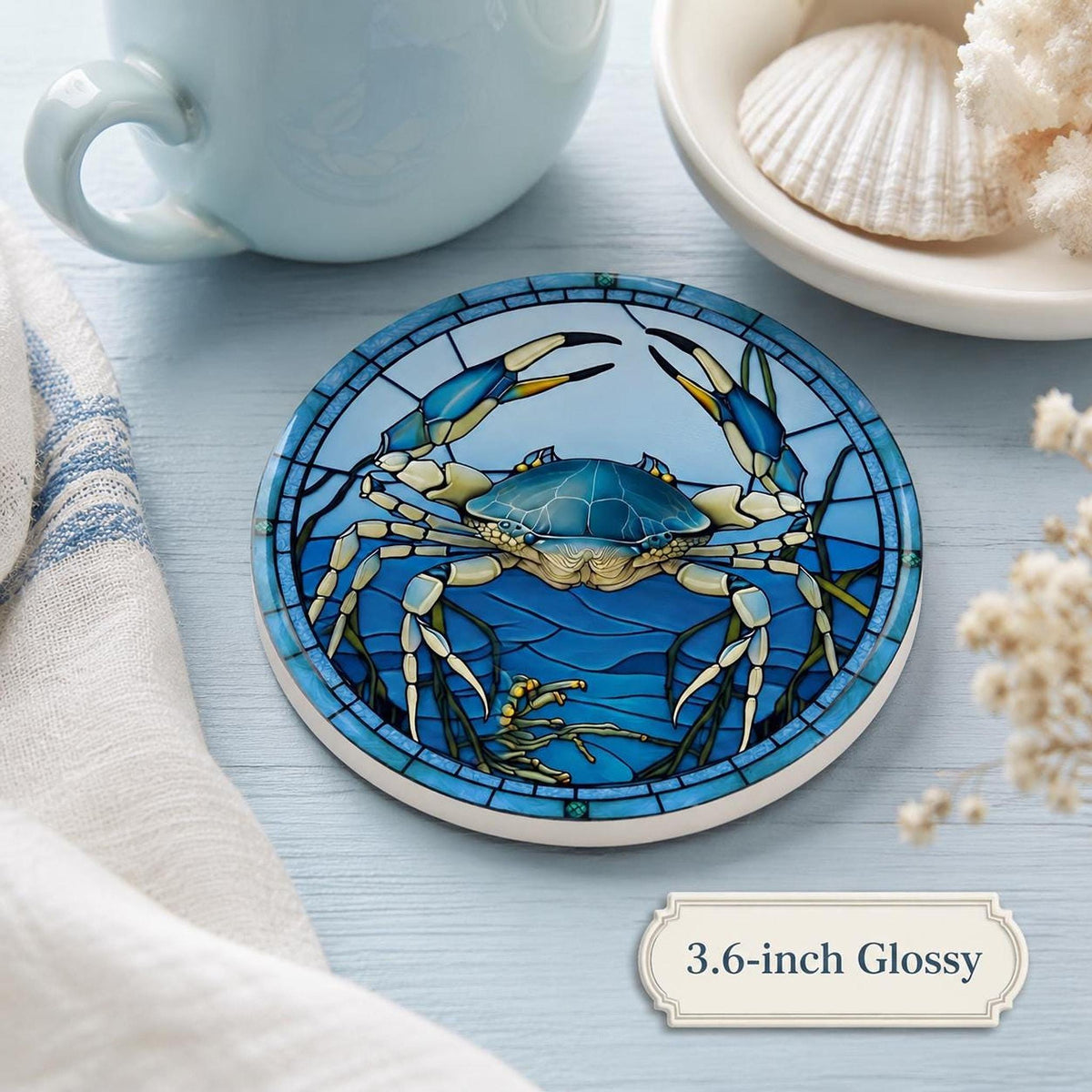 Blue Crab Coaster, Round Ceramic Surface with Glossy or Matte Finish