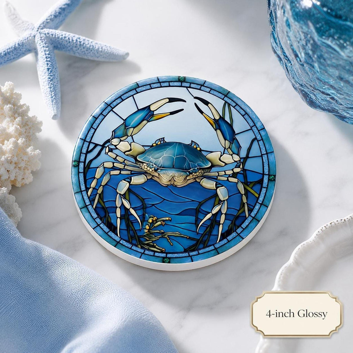 Blue Crab Coaster, Round Ceramic Surface with Glossy or Matte Finish