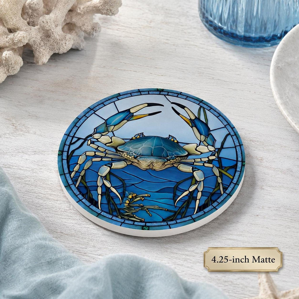 Blue Crab Coaster, Round Ceramic Surface with Glossy or Matte Finish