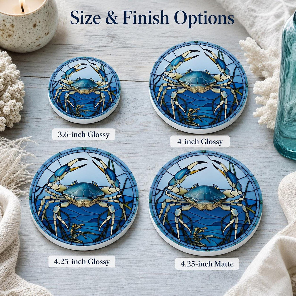Blue Crab Coaster, Round Ceramic Surface with Glossy or Matte Finish
