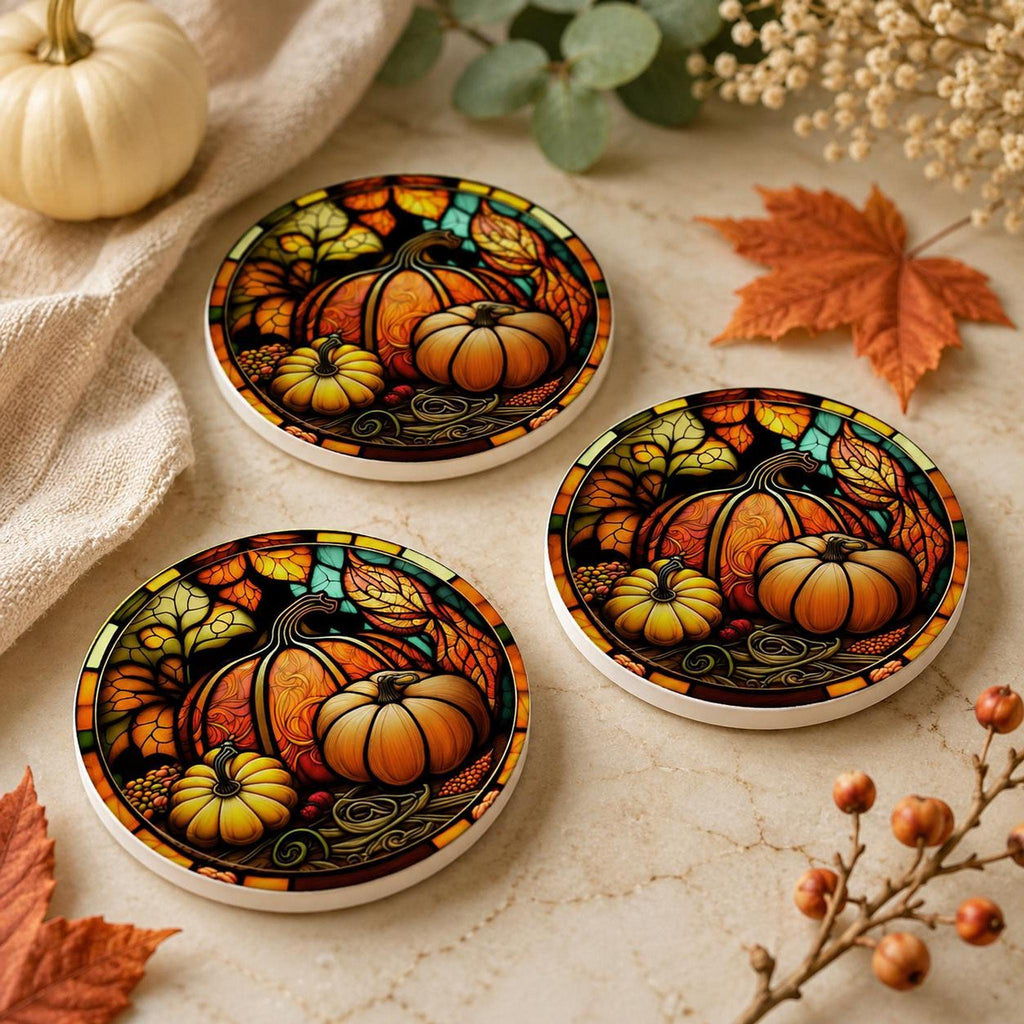 Thanksgiving Table Ceramic Coaster, Pumpkin Harvest Drink Mat