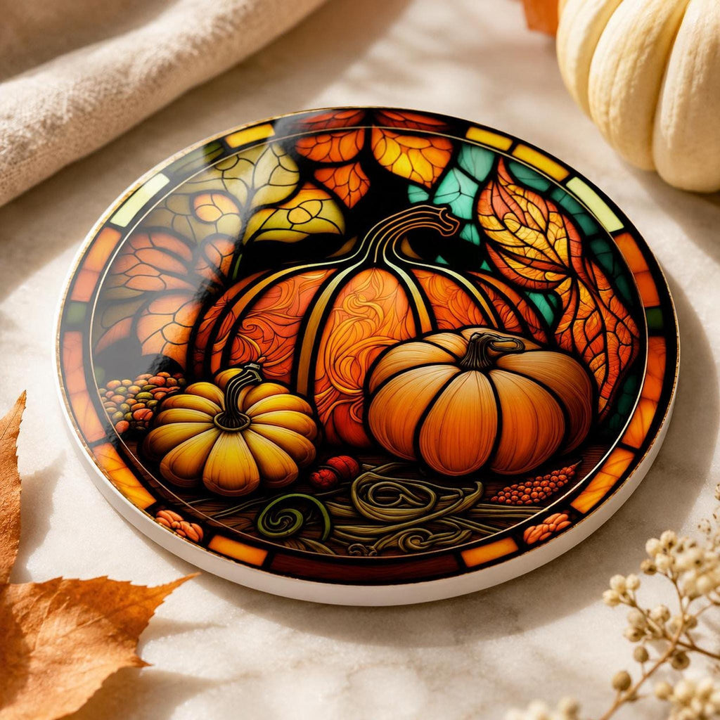 Thanksgiving Table Ceramic Coaster, Pumpkin Harvest Drink Mat