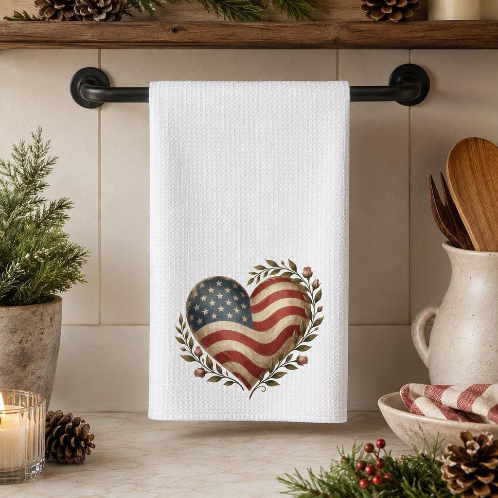 Farmhouse Towel, White Microfiber Waffle Weave with American Flag Heart