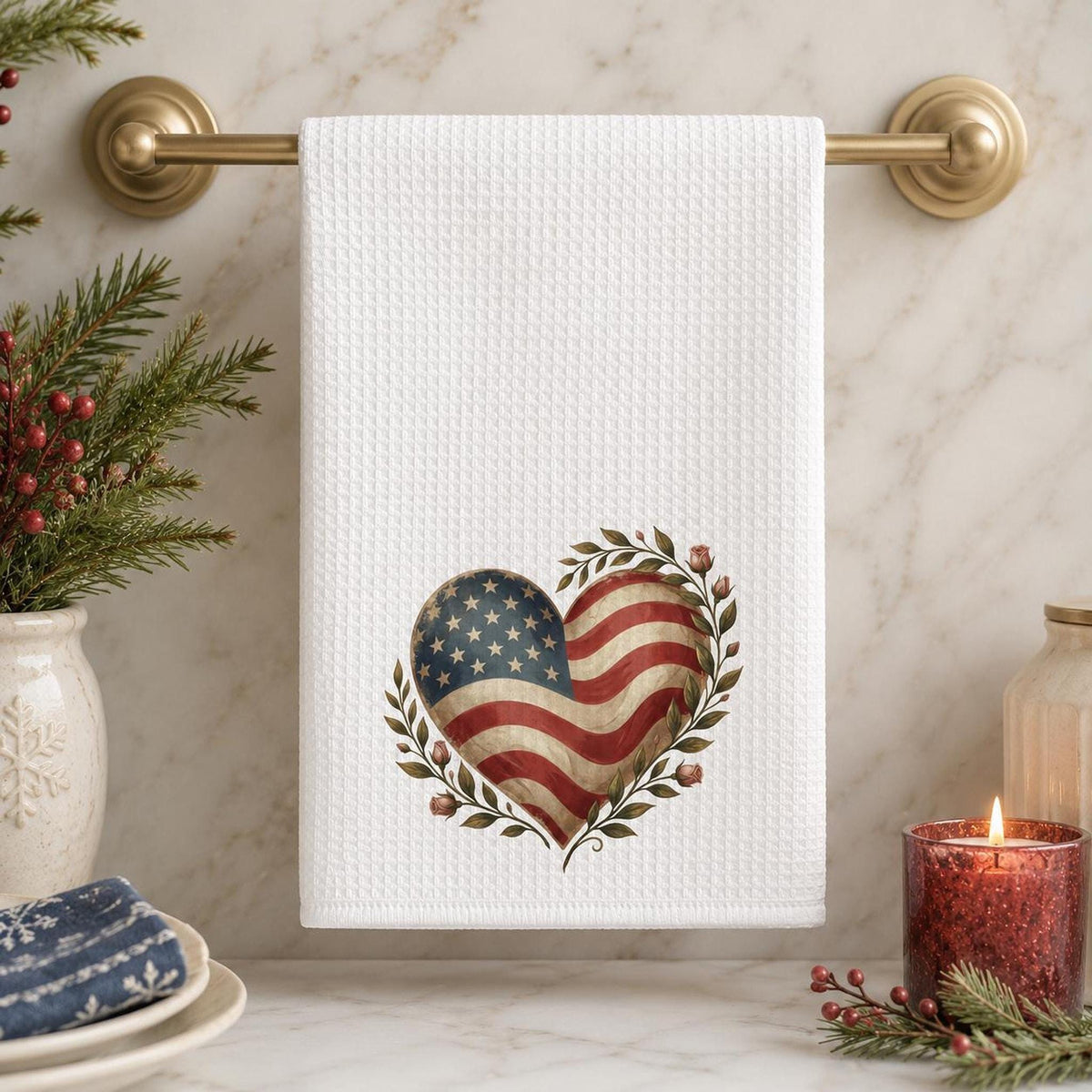 Farmhouse Towel, White Microfiber Waffle Weave with American Flag Heart