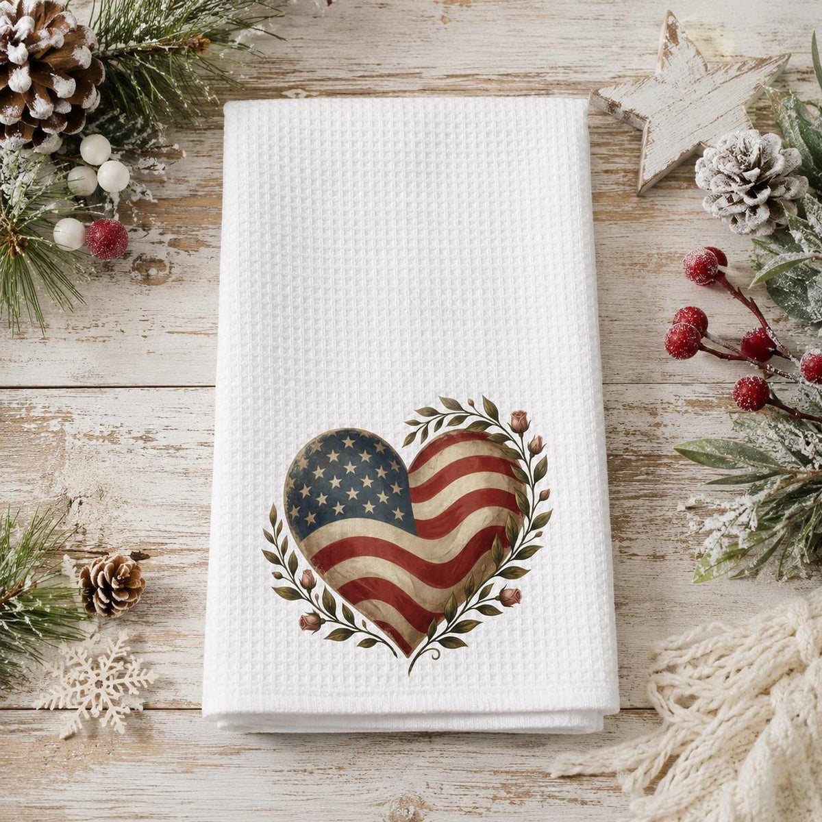 Farmhouse Towel, White Microfiber Waffle Weave with American Flag Heart