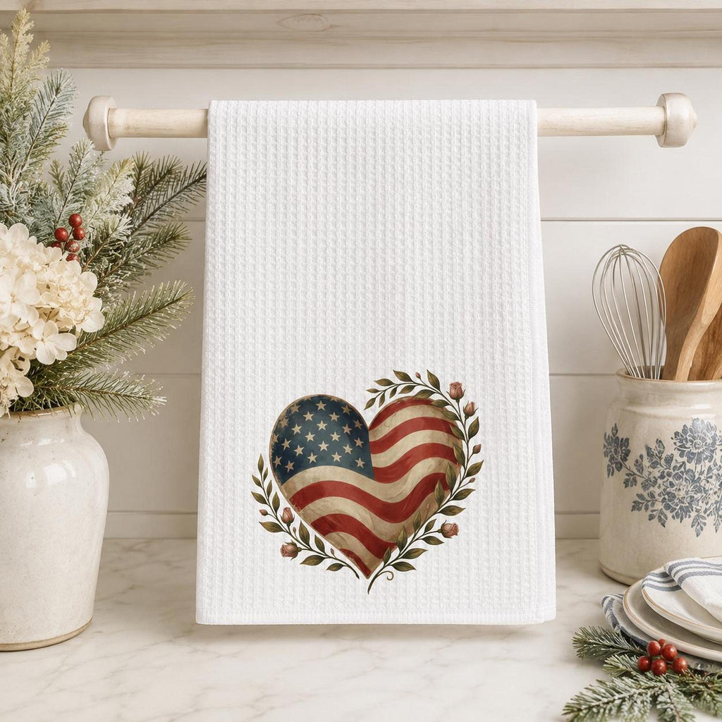 Farmhouse Towel, White Microfiber Waffle Weave with American Flag Heart