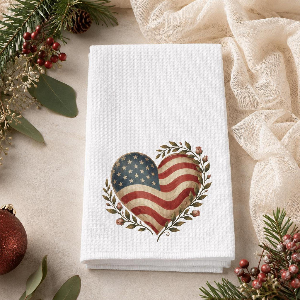 Farmhouse Towel, White Microfiber Waffle Weave with American Flag Heart