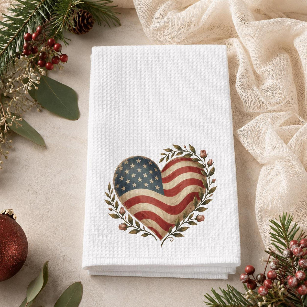 Farmhouse Towel, White Microfiber Waffle Weave with American Flag Heart