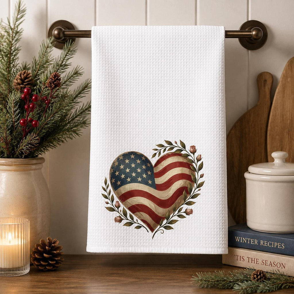 Farmhouse Towel, White Microfiber Waffle Weave with American Flag Heart