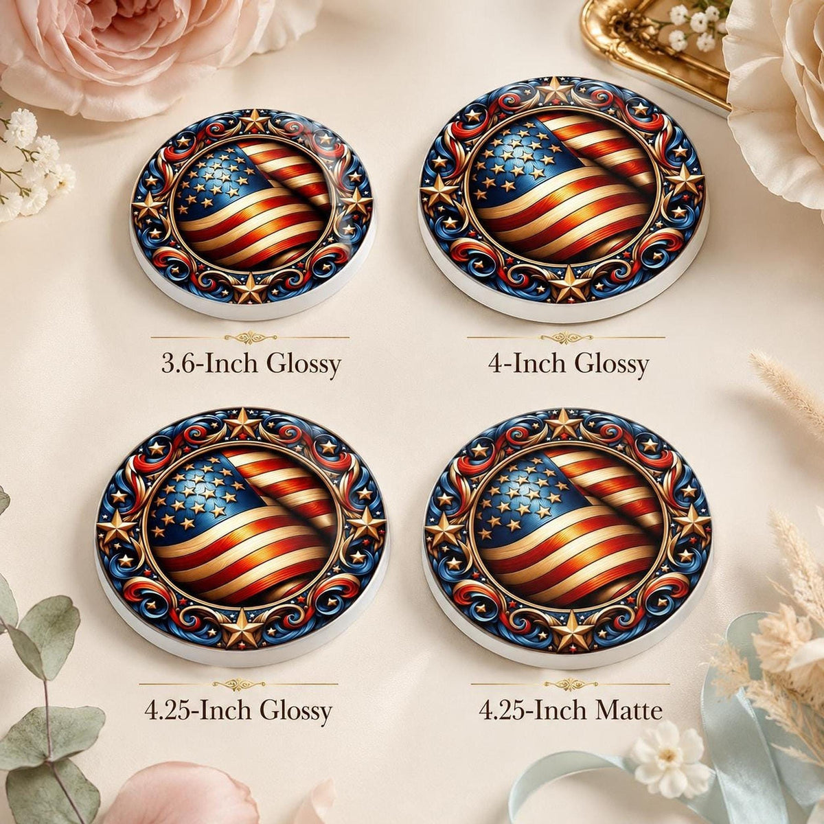 Ceramic Coaster, Ornate American Flag Design with Glossy or Matte Finish