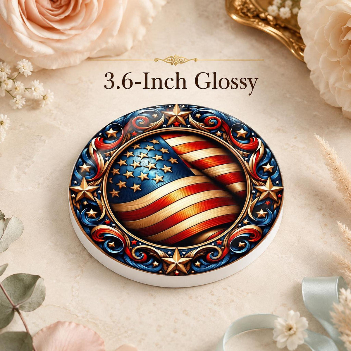Ceramic Coaster, Ornate American Flag Design with Glossy or Matte Finish