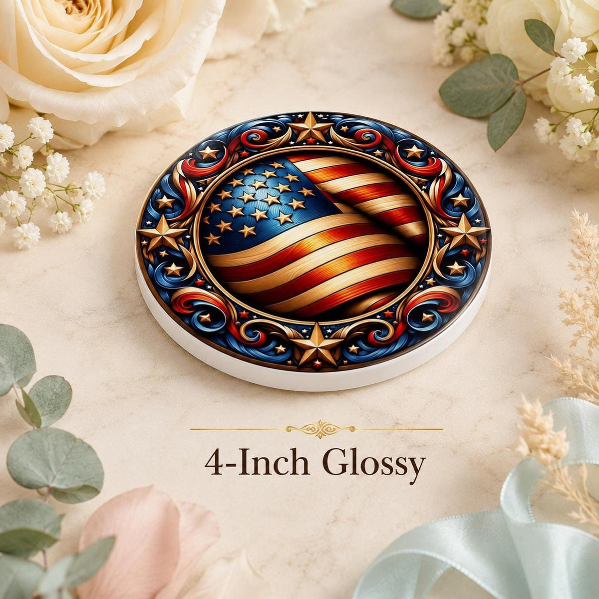 Ceramic Coaster, Ornate American Flag Design with Glossy or Matte Finish