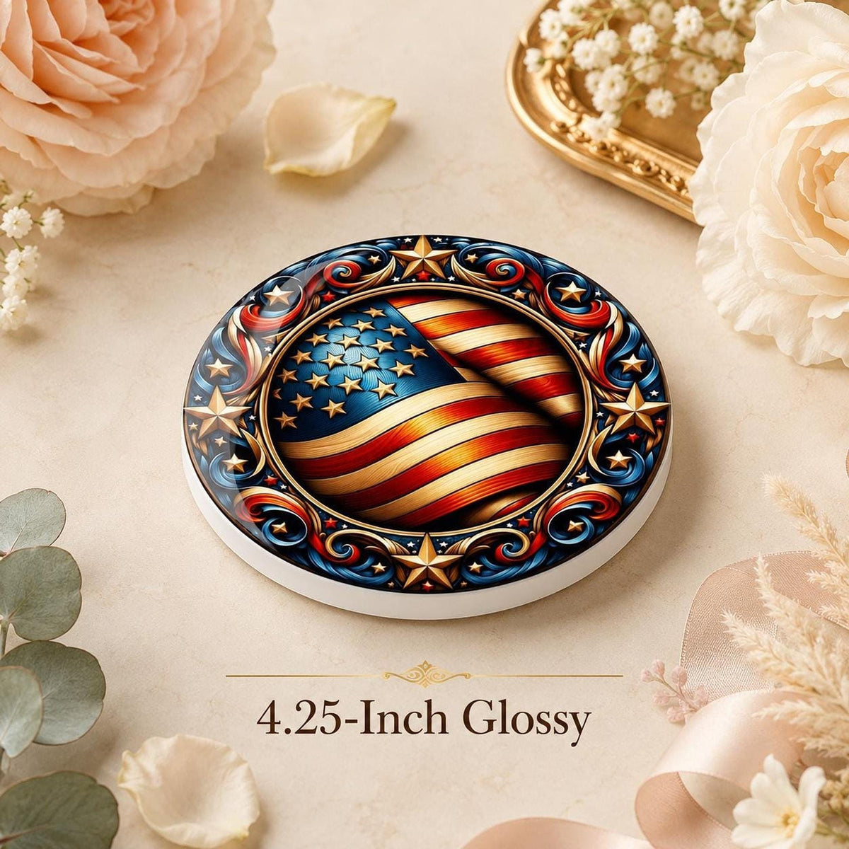Ceramic Coaster, Ornate American Flag Design with Glossy or Matte Finish