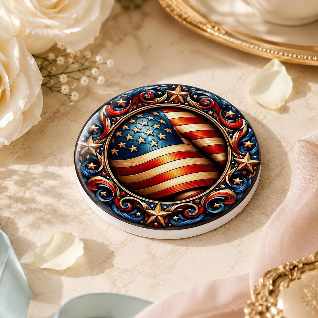 Ceramic Coaster, Ornate American Flag Design with Glossy or Matte Finish