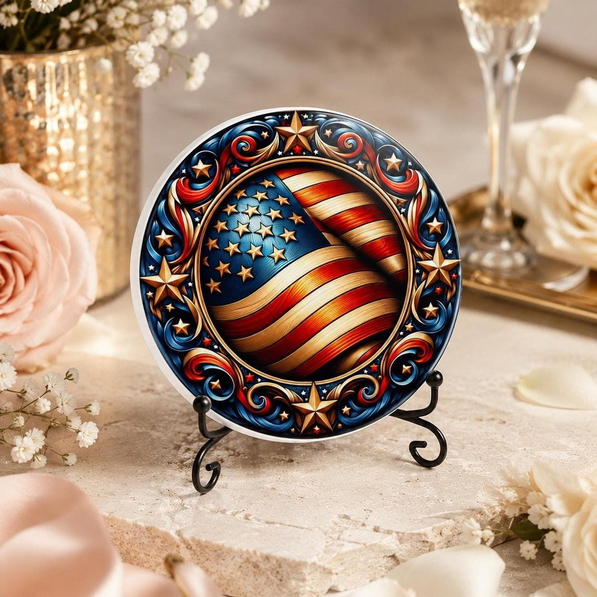 Ceramic Coaster, Ornate American Flag Design with Glossy or Matte Finish